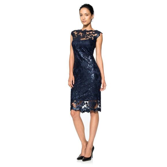 Tadashi Shoji Paillette Embroidered Lace Sheath Cocktail Dress Royal Navy Blue S - Picture 2 of 14